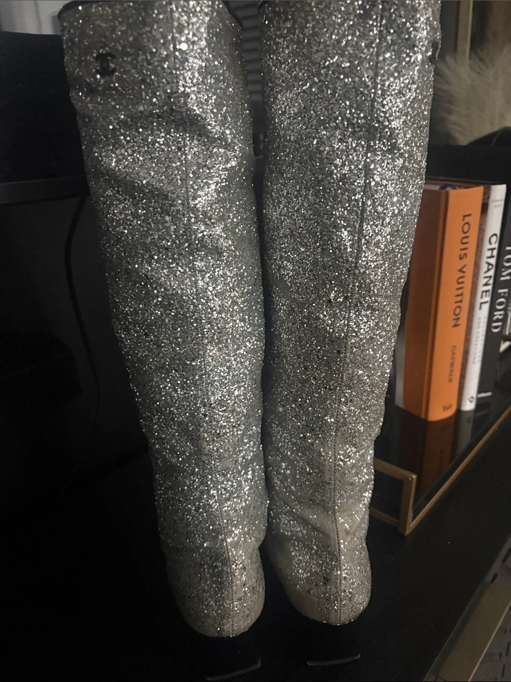 CHANEL AW 2017 Iconic Silver Glitter Black Patent Leather Boot